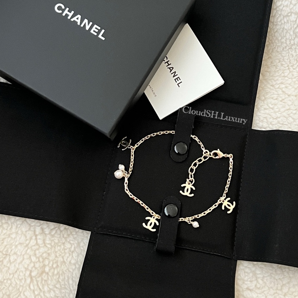 Auth BN Chanel CC Logo Pearl Anklet